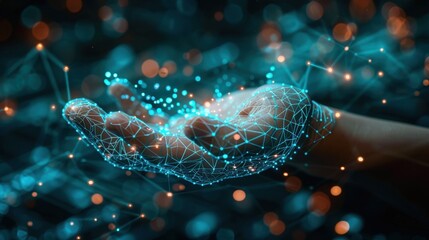 Futuristic Hand Releasing Digital Particles in a Technological Network with Glowing Nodes and Vibrant Background