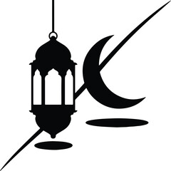 Silhouette Ramadan Lantern and Crescent Moon with Abstract Lines Design Vector Illustration