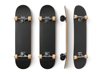 Three skateboards; top & side views on a white surface