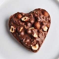 Heart-shaped chocolate embedded with hazelnuts, featuring a rustic cracked surface and artisanal texture.