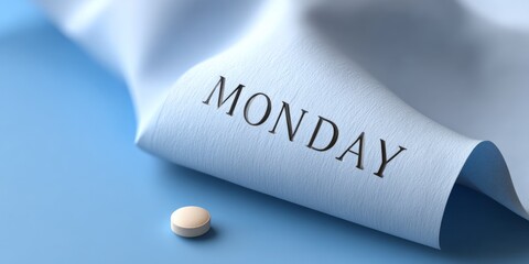 Monday motivation concept with rolled paper and pill on blue background