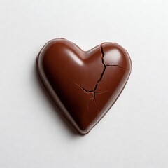Heart-shaped chocolate with visible cracks on glossy surface, symbolizing heartbreak or emotional vulnerability.
