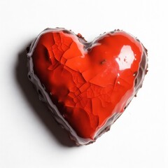 Glossy red heart-shaped dessert with mirror glaze and chocolate base, placed on white background for Valentine's Day.