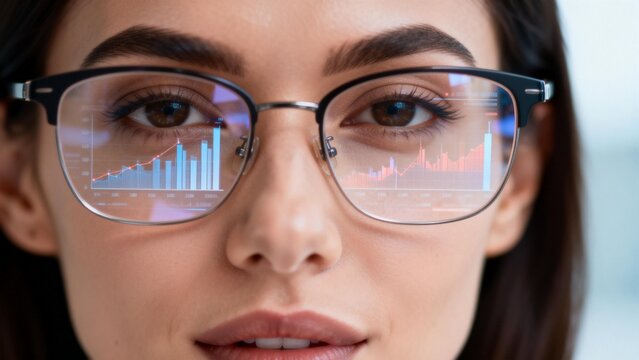 Closeup of woman wearing glasses with data overlay - Powered by Adobe