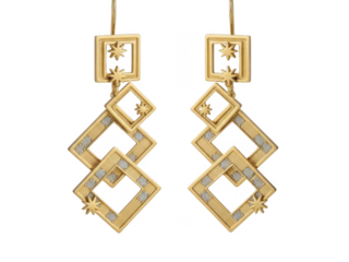 Intricate geometric gold earrings isolated on transparent background