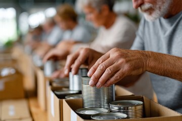 Elderly volunteers packing canned goods in boxes for community aid
