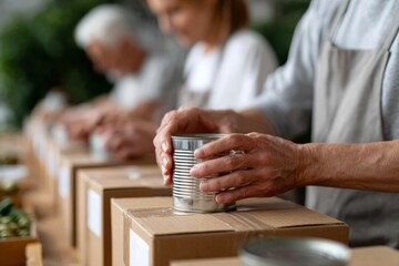Elderly volunteers packing food donations in community center