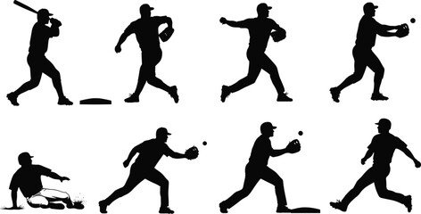 Obraz premium Baseball player action silhouettes isolated on white background showing batting pitching throwing catching sliding and running sports poses