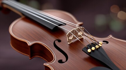 Close-up of a wooden violin with detailed strings and bridge on purple background