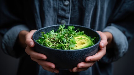 Holding a Bowl of Salad With Avocado and Greens