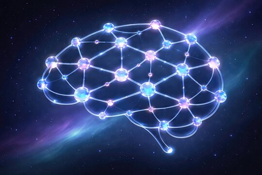Neural network connectivity visualization showcasing the interrelation of synaptic pathways in an ethereal cosmic background illustrating the complexity of cognitive processes