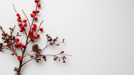 Joyful Red Berries and Pine Cones Arrangement on Smooth White Background for Seasonal Decorations and Nature Inspired Designs