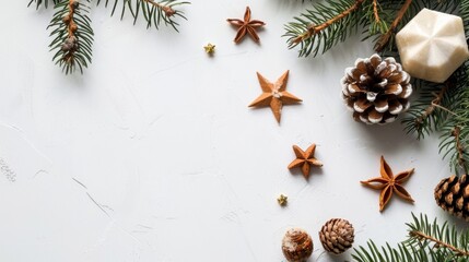 Festive arrangement with spices, pine cones, and holiday decorations on a white background for seasonal celebration and decor inspiration