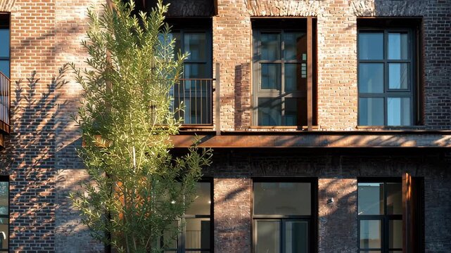 A brick building with a balcony and a tree in front of it. Close-up urban facade retrofit detail, thermal envelope upgrade, future sustainable revitalization, city revitalization