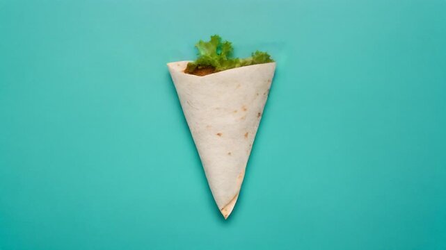 A single tortilla wrap folded into a cone shape with lettuce and filling on a vibrant teal background, presented simply.