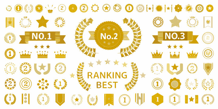 Collection of gold ranking badges ribbons crowns and star icons