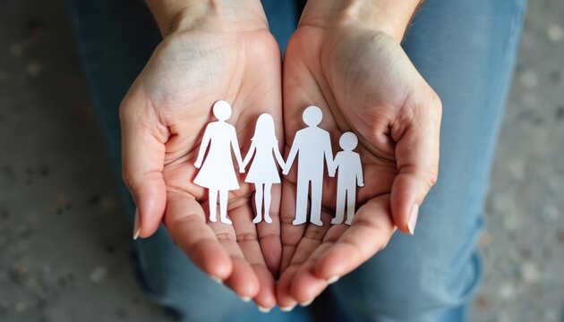 Woman hands gently hold white paper cutouts of a mother, father, daughter, and son. This group represents a loving family unit, symbolizing care, protection, and togetherness in home life.