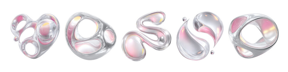 Abstract Futuristic Liquid Shapes Translucent Glossy Pearl Like Surface Smooth Organic 3D Set Transparent Background Airy Soft Light Aesthetic
