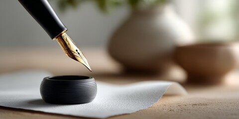 Elegant fountain pen with gold nib and ink bottle on artistic table setting