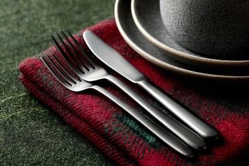 Elegant silverware set on red plaid napkin with stoneware plates