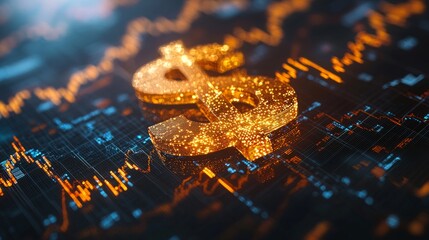 Golden dollar symbol on digital financial data background with graphs and lines representing market trends and movements