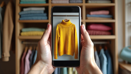 Woman uses phone app to view yellow sweater. Clothes organized in closet. Online shopping and virtual wardrobe concept. Digital fashion browsing.