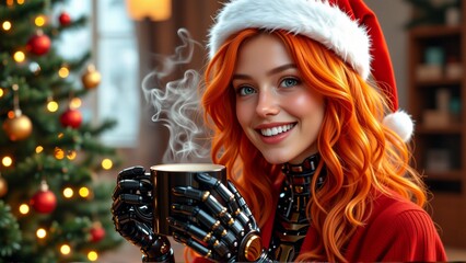 digital illustration young woman long orange hair wearing red santa hat she holding black coffee mug her hands smiling camera background blurred appears living room christmas tree bookshelf tree
