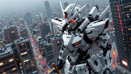 futuristic robot standing top skyscraper robot white red accents has large head two horns either side holding sword its right hand appears ready battle background cityscape tall buildings red lights