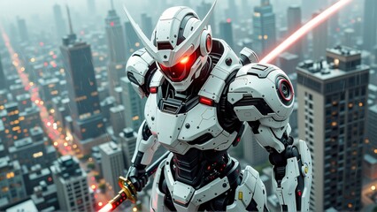 Fototapeta premium futuristic robot standing top skyscraper robot white black color has helmet red eyes holding red laser beam its right hand appears ready battle background cityscape tall buildings skyscrapers sky