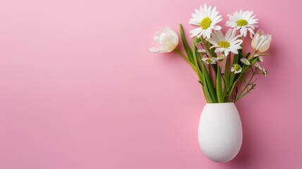 Naklejka premium Elegant White Vase with Fresh Flowers on Soft Pink Background for Brightening Interior Spaces and Home Decor Ideas