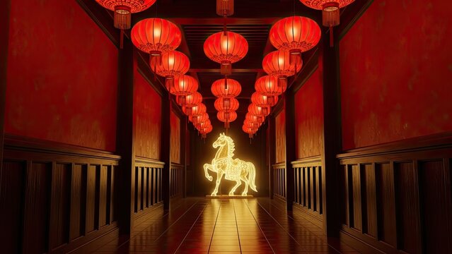 Hallway decorated with glowing lanterns leading to a luminous horse statue, creating a magical and festive atmosphere - Powered by Adobe