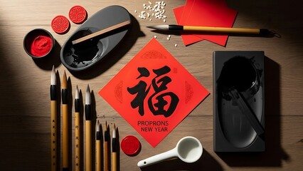 Calligraphy Brushes and Ink on a Wooden Table with Chinese New Year Card