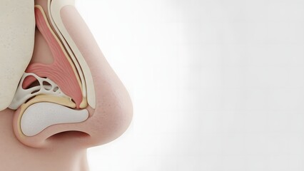 Detailed anatomy of human nose with internal structures visible