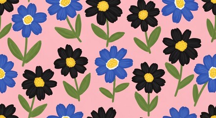 Bright colorful floral pattern featuring blue and black flowers with green leaves on a soft pink background perfect for spring designs and fabric prints