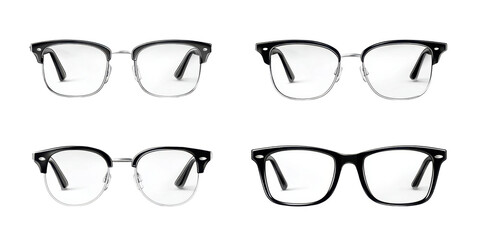 Set of Stylish Silver and Black Framed Eyeglasses on Transparent Background