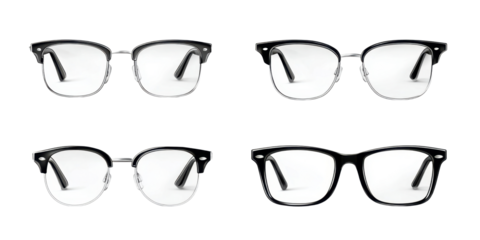Set of Stylish Silver and Black Framed Eyeglasses on Transparent Background
