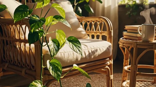 Cozy Indoor Oasis: Rattan Furniture, Golden Pothos, And The Comfort Of A Warm Drink