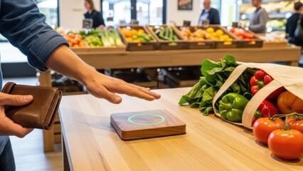 Customer performs a fast, secure contactless payment for fresh groceries at a modern market, showcasing efficient transaction technology