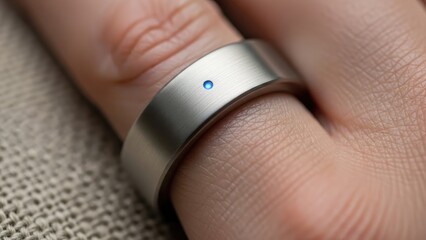 Sleek metallic smart ring with blue light on finger, symbolizing advanced wearable technology for health tracking and modern digital living