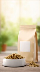 Dry Pet Food in a Bowl With a Bag in a Home Setting