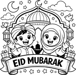 Eid Mubarak Coloring Page Vector - Cute Muslim Children and Mosque Illustration