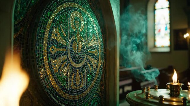 Ancient Gold Mosaic Shines With Candlelight And Holy Smoke