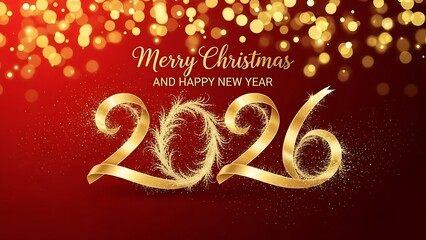 A festive 2026 New Year greeting featuring golden ribbon typography and shimmering glitter on a radiant red bokeh background.
