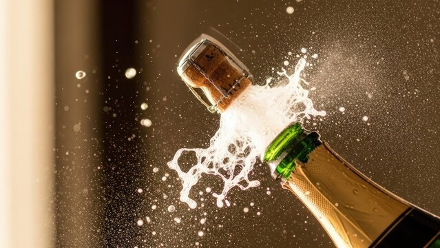 Vibrant champagne explosion captured in stunning detail, cork launching from the bottle amidst a dazzling cascade of sparkling liquid, embodying joy, success, and festive celebration - Powered by Adobe