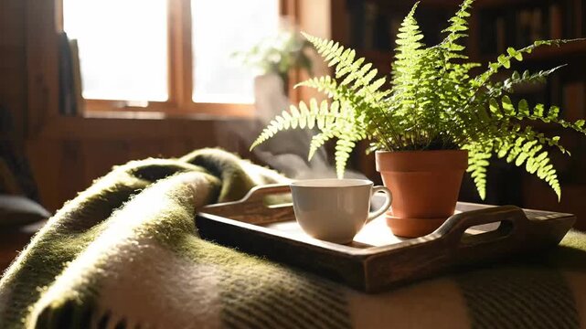Cozy Indoor Scene With Potted Fern And Hot Drink On Blanket Near Window