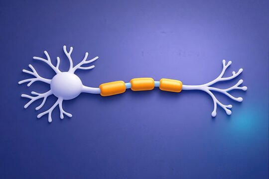 Neural connection illustrated as a neuron highlighting myelin sheath with a striking color palette designed for educational materials in neuroscience and biology studies