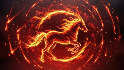 Fiery horse gallops with blazing mane and tail within a swirling vortex of embers and glowing particles