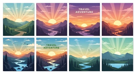 Collection of Stylized Sunrise and Sunset Mountain Landscape Illustrations with Rivers, Roads, and 'Travel Adventure' Text
