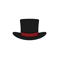 Classic black top hat with red ribbon band icon. Vector cartoon illustration of a magician or gentleman headwear isolated on a white background.