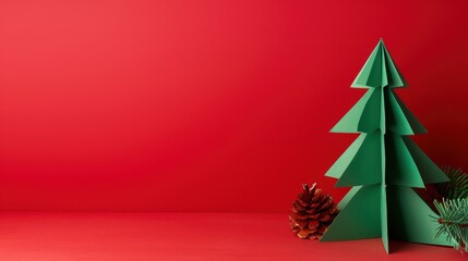 Whimsical Paper Christmas Tree with Pinecone on Bold Red Backdrop for Creative Holiday Designs